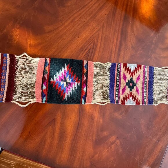 Zapotec 7 Panel Table Runner Mexican 79 "x 7"  Wool Hand Woven Folk Art Fringe - Picture 4 of 16